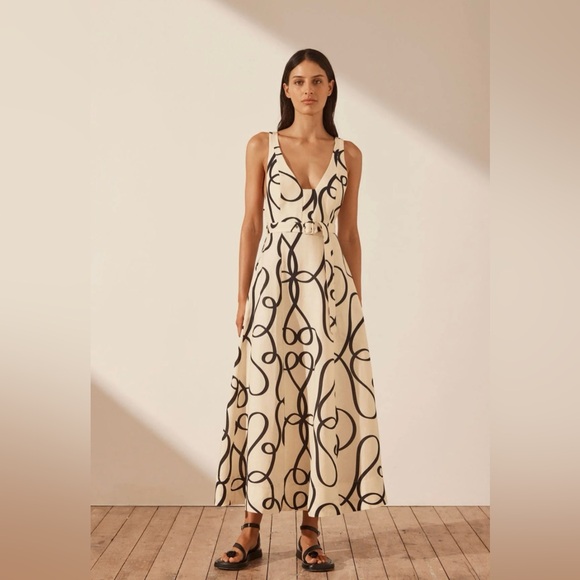 SHONA JOY Vietri Linen Plunged Paneled Midi Dress Size 4 - Picture 3 of 9